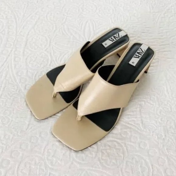 Zara Shoes - Zara Tan Goat Leather Square Toe Slip On Heels Size 8